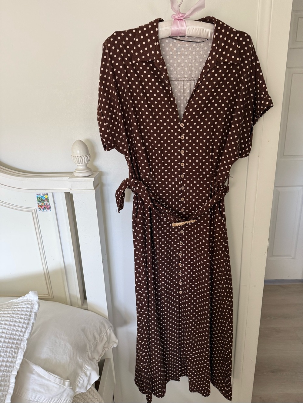 Zara linen blend Brown Polka Dot Button-Front Midi Dress Sz L w/ wood buckle bet